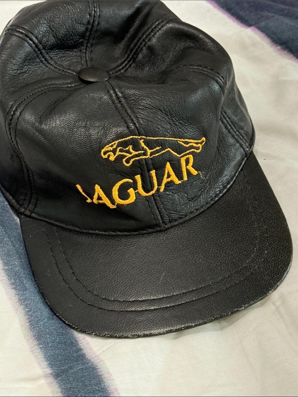 Jaguar Black Leather Baseball Cap with Gold Embroidered Logo